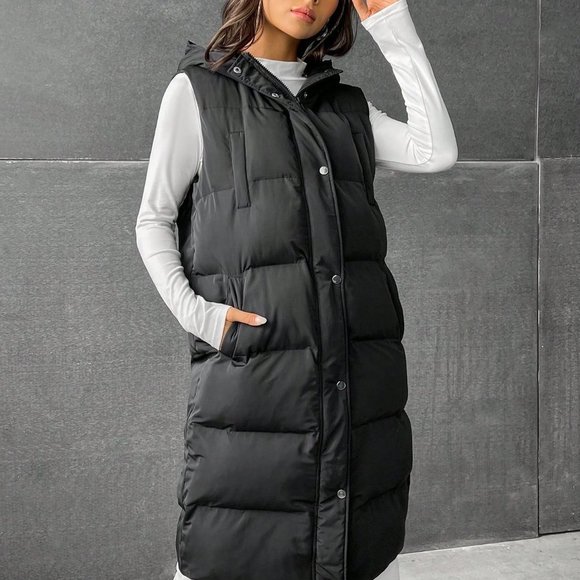 Black Preppy Womens Zip Up Snap Button Drawstring Hooded Puffer Vest Coat - Picture 5 of 6